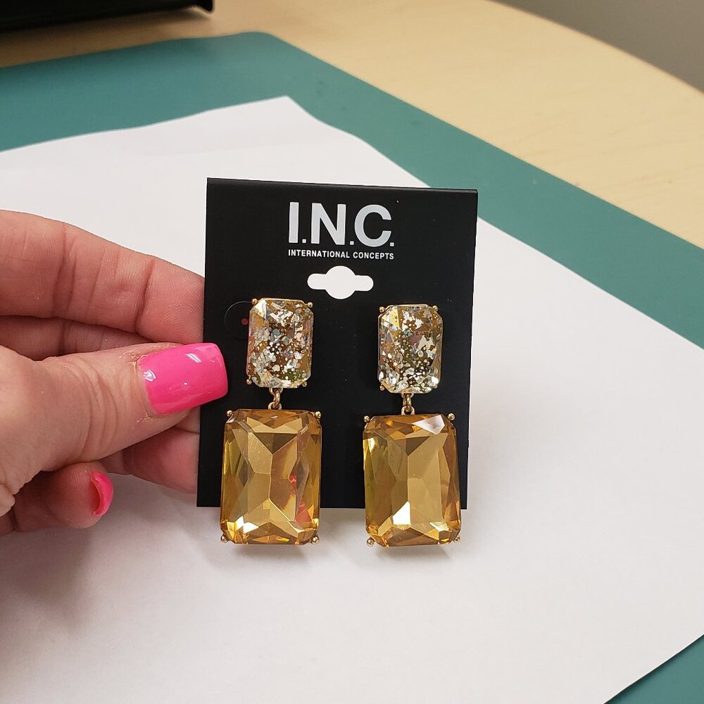INC, NWT, gold rhinestone, clear gold speckled rhinestone dangle fashion earring